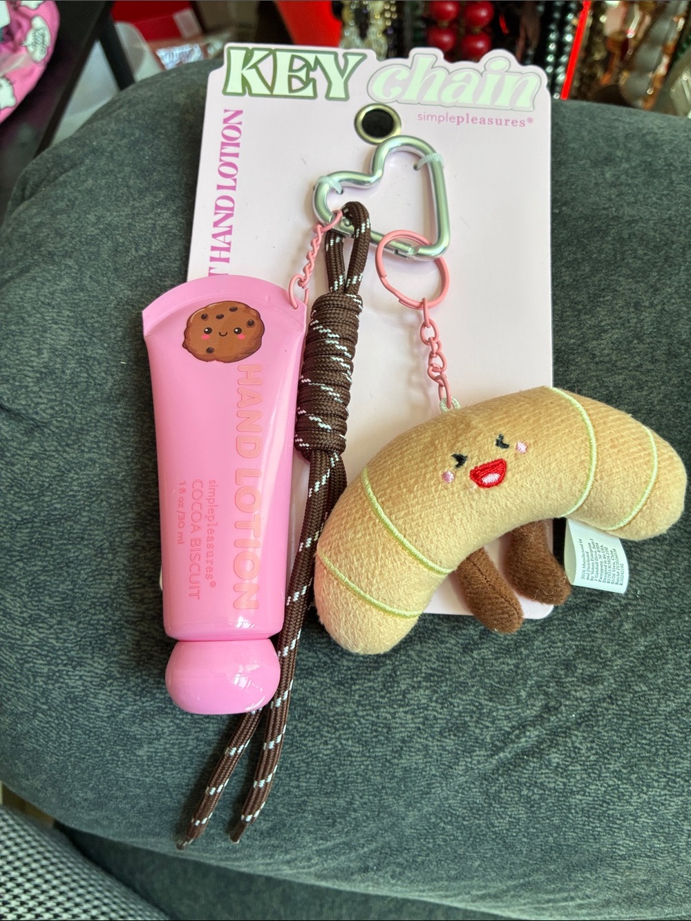Pink Hand Lotion & Croissant Plush Keychain Set